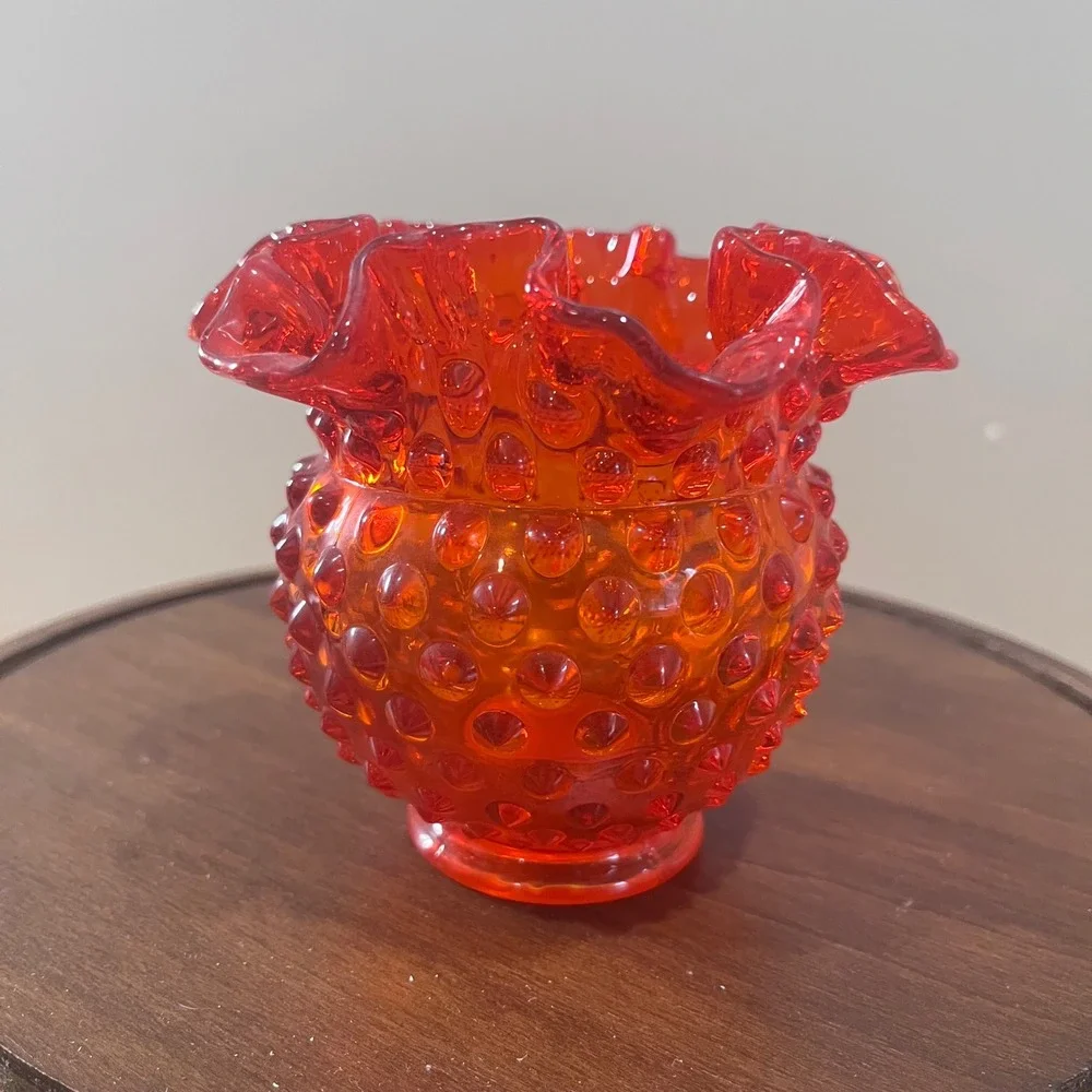 Vtg Fenton Red Orange Hobnail Glass Ruffled‎ Rose Bowl Vase Mid Century Modern
